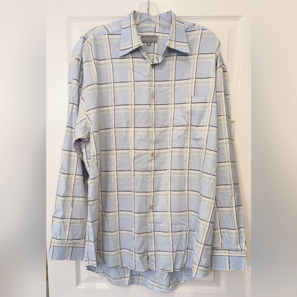 Hickey Freeman Shirt Mens Blue Plaid Cotton Long Sleeve Made in Italy Size L